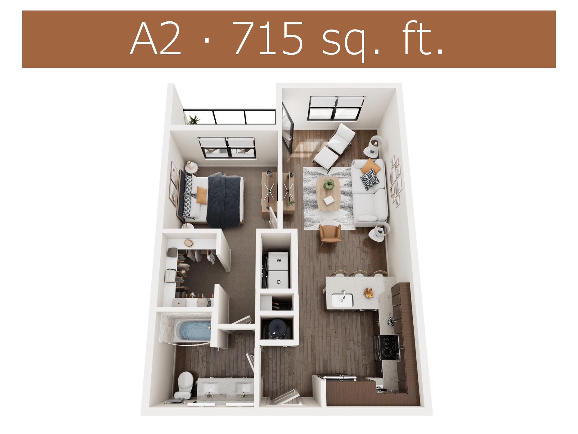 Floor plan for 1 bed, 1 bath, 715 sqft